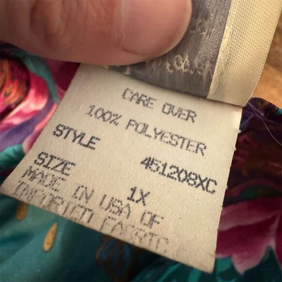 California Miss 1X VTG Floral Kimono Robe 80s/90s Teal Pink Roses Belted READ - Picture 5 of 8